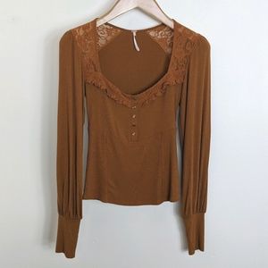 Free People | Mustard lace trim top S NWOT